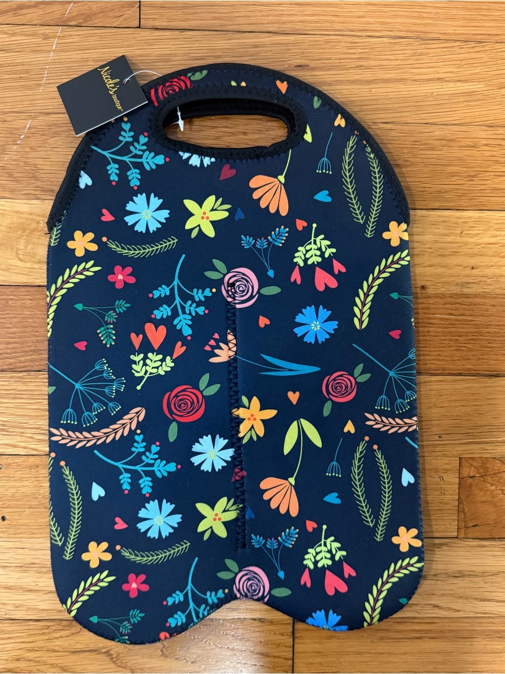 Floral Neoprene Tote/Bag  for Wine Bottles. Navy with Multicolor Flowers
